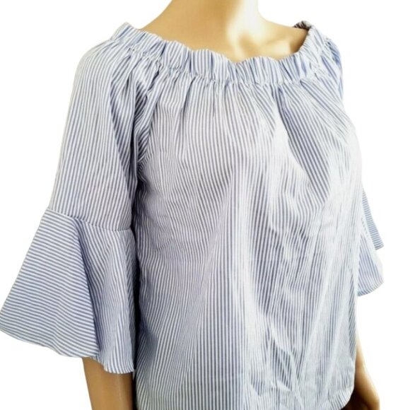 Kontrol Contemporary Blue & White Stripe Off-Shoulder 3/4 Sleeve Blouse Medium - Picture 3 of 13